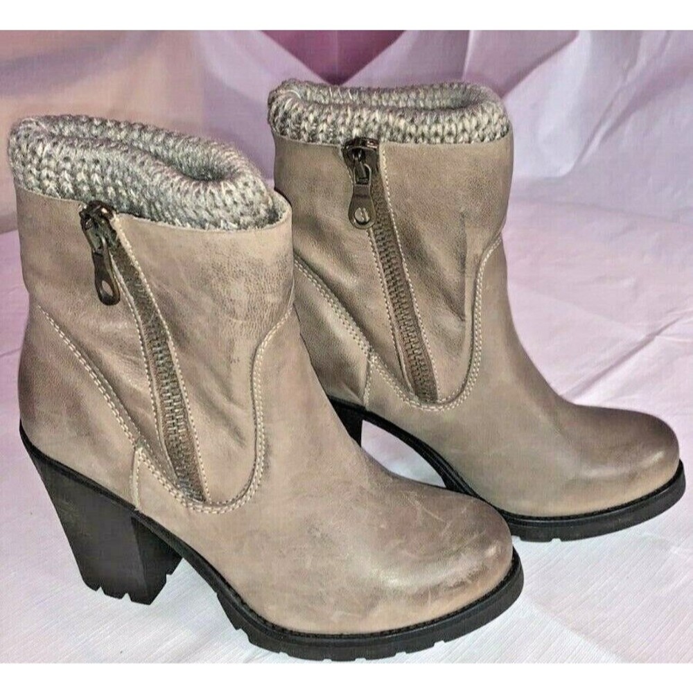 Steve Madden Boots 9.5 leather shoes Gray Zipper Heel knit platform Biker Moto